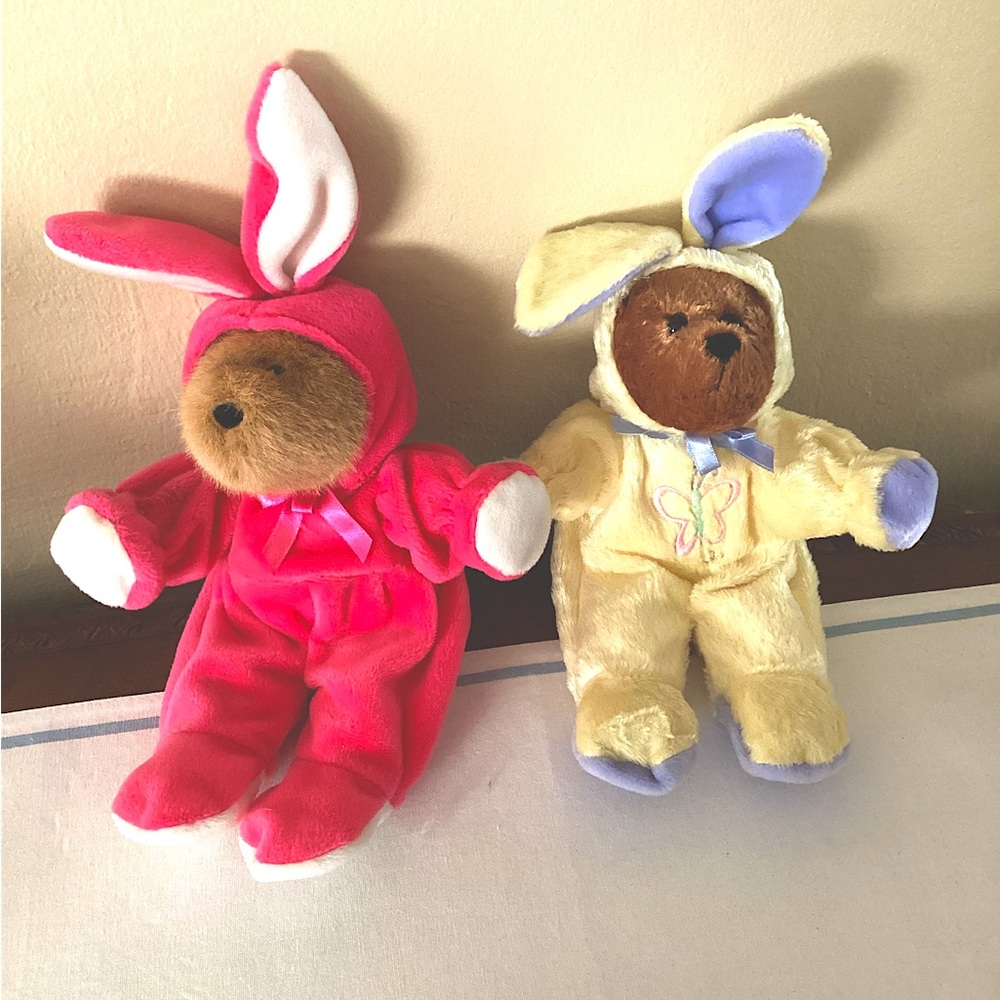 Set of 2 Boyd Teddy bears wearing bunny suits.